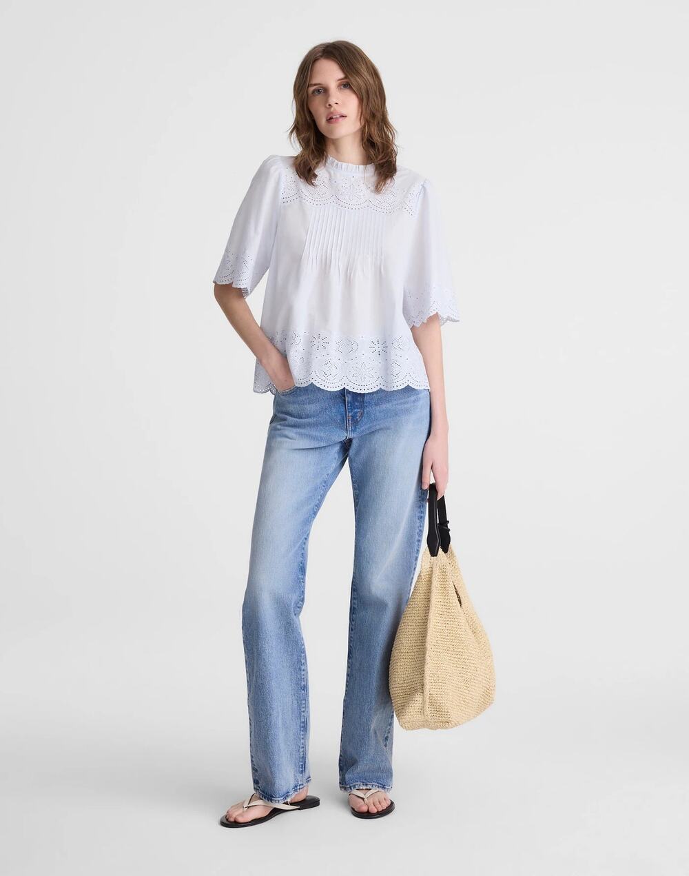 Madewell Women's Embroidered Pintuck High-Neck Top Soft Blue Size Small NWT
